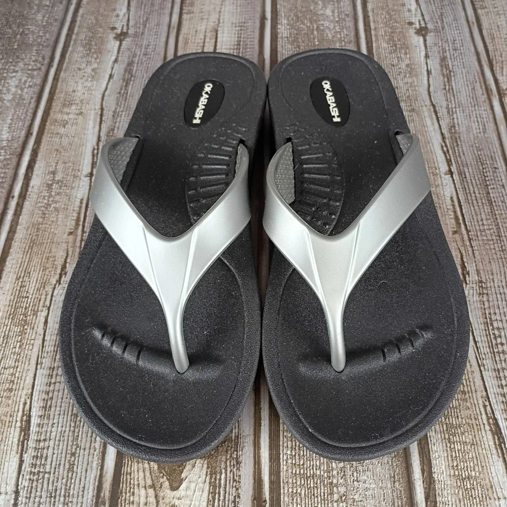 Okabashi Womens Indigo Flip Flops Black Silver Comfort Thong Sandals Size M 7-8 - Picture 1 of 6